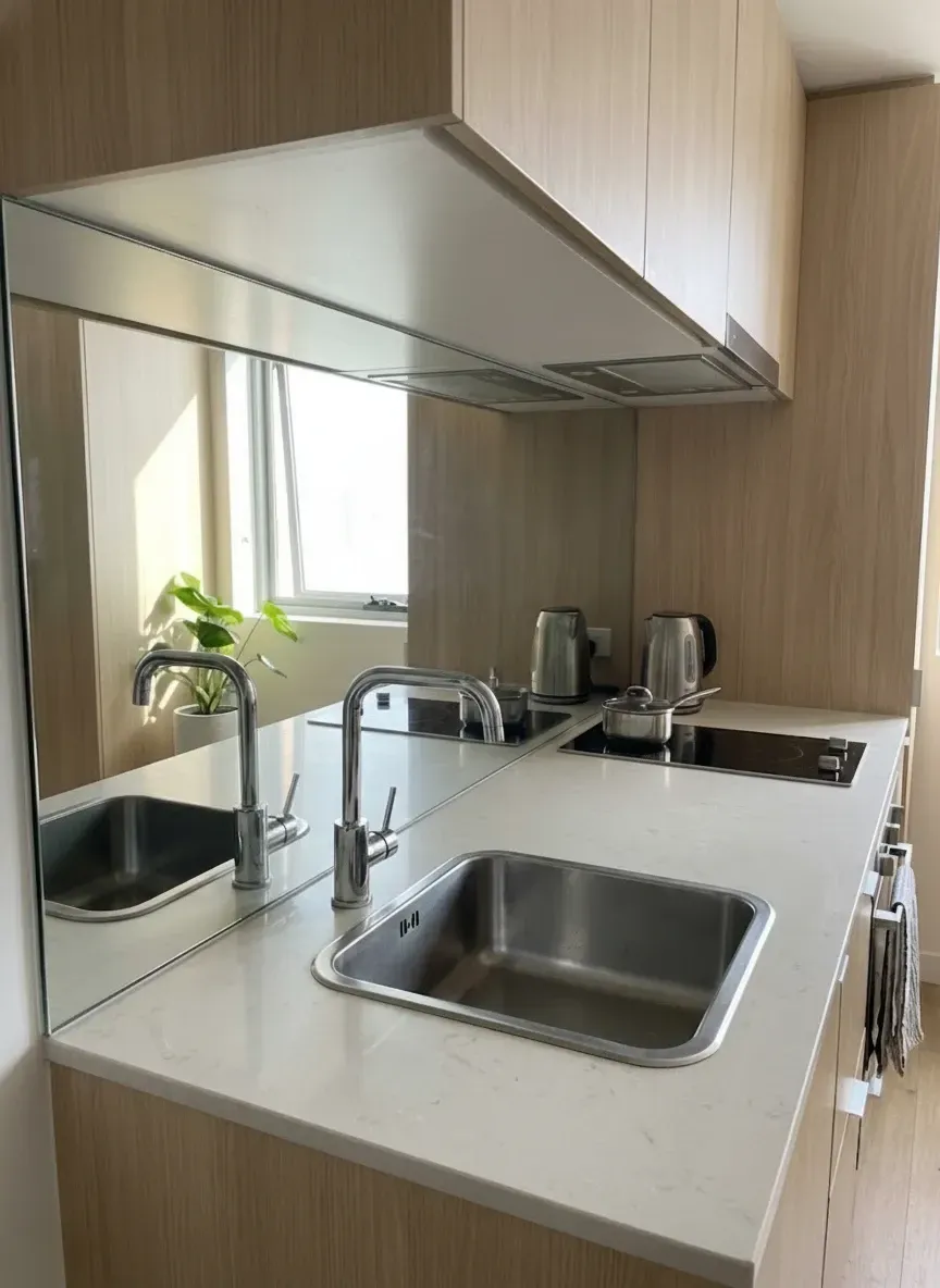 Mirror finish glass splashback bulimba reflecting light in compact modern kitchen