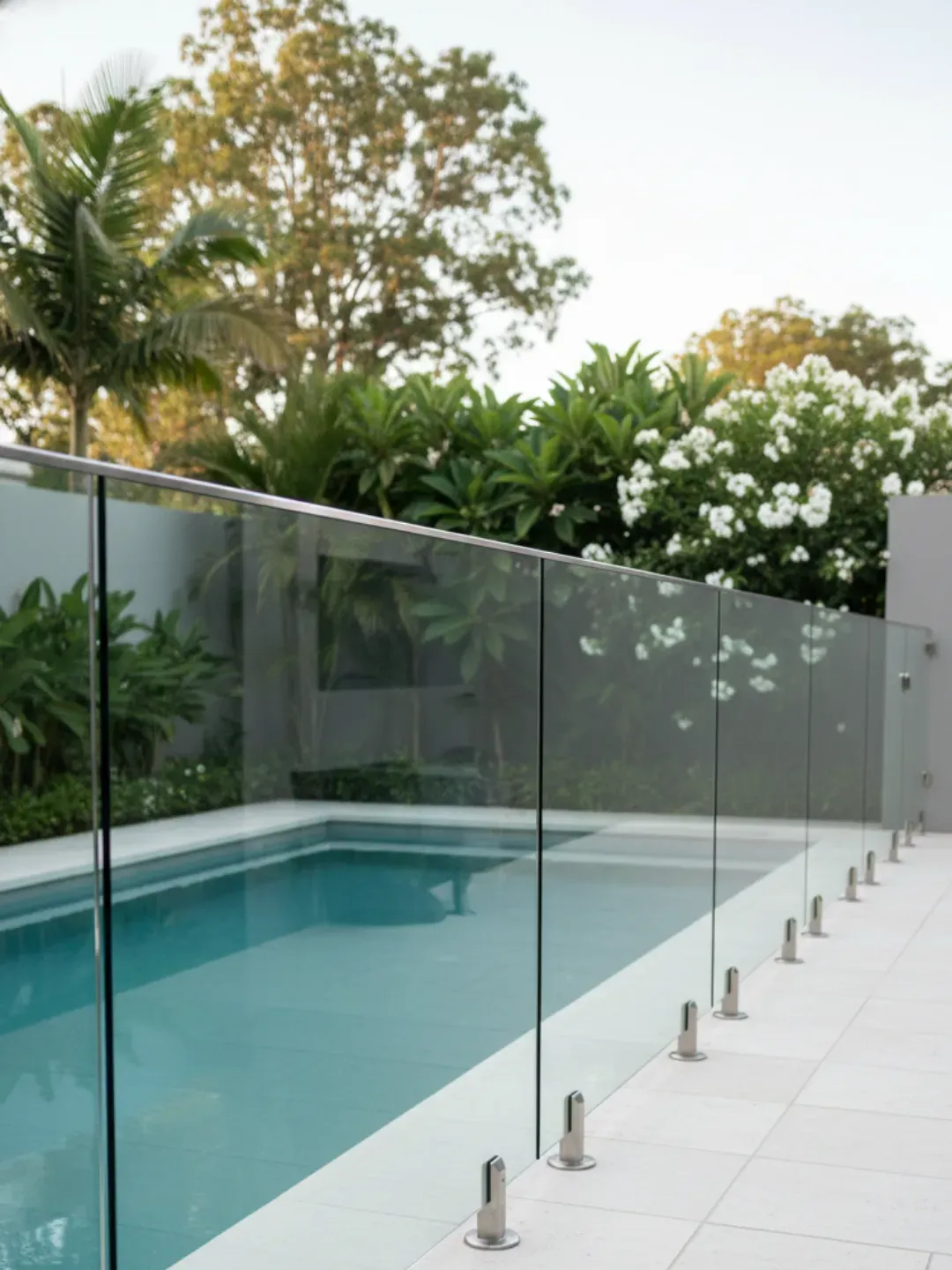 Custom raked glass pool fence panels designed for sloping Bulimba blocks
